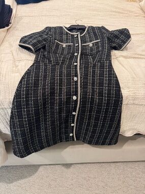 CeCe Black & White Tweed Jacket with Rhinestone Button